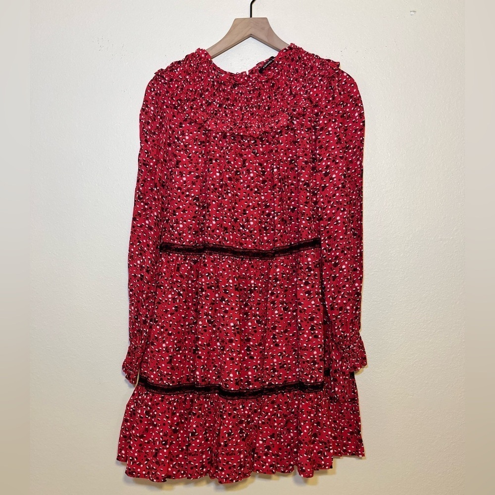Red Floral Tiered Mini Dress Ruffle Neck Long Sleeve Romantic Cottagecore Chic